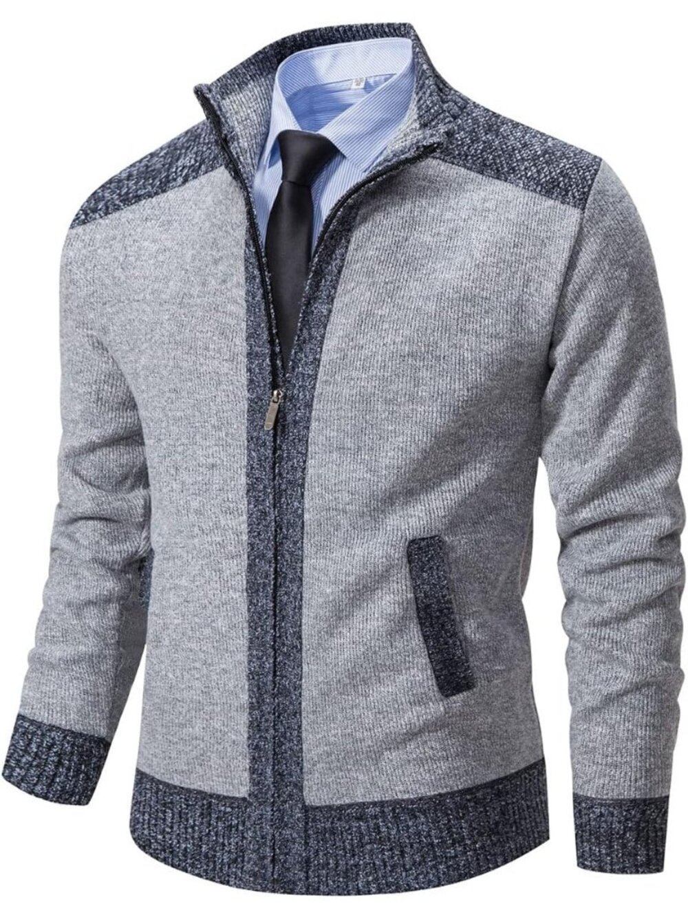 🆕Men's Grey Cardigan Sweaters Full Zip Knitted Zipper Stand Collar Business